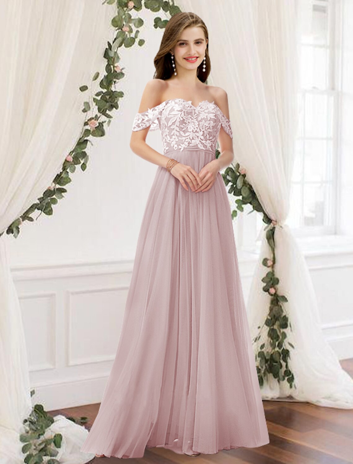Abito da damigella d'onore a trapezio, senza maniche, elegante, lungo fino al pavimento, in chiffon/pizzo con pieghe/applicazioni